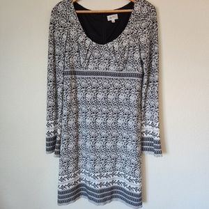 Oleg Cassini BOHO Black & White Bell Sleeve Empire Waist Midi Dress, Size 6